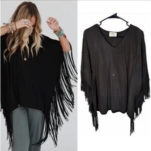 NEW! Anthropologie S Fantastic Fawn Western Fringe T-Shirt 100% Cotton Top Black